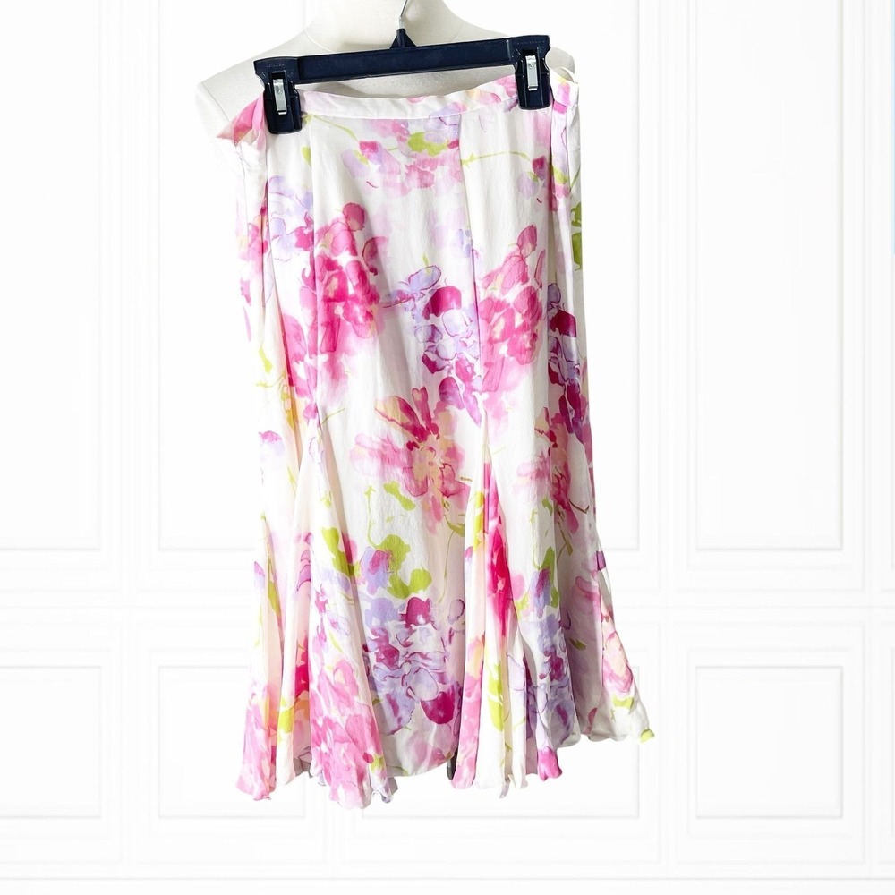 Nygard 100% Silk Pink Floral Watercolor Midi Skirt White Side Zip Flowy Size 12